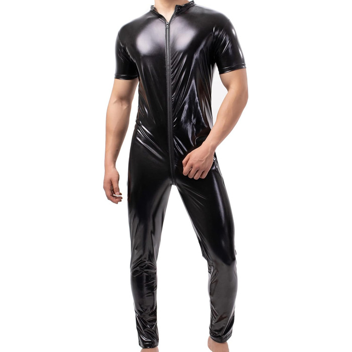 Чоловічі шорти-лосини QiaTi без рукавів з блискавкою, з штучної шкіри, боді з 2 кишенями для повсякденного носіння та клубів (XL, чорний)