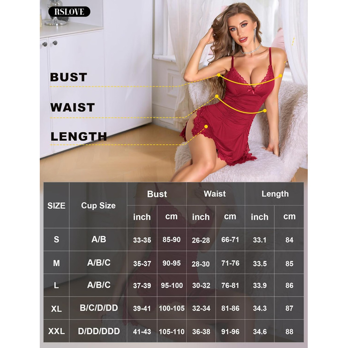 Babydoll RSLOVE для жінок - сексуальна нічна сорочка з мереживом, babydoll, нічна сорочка, червоний (M)