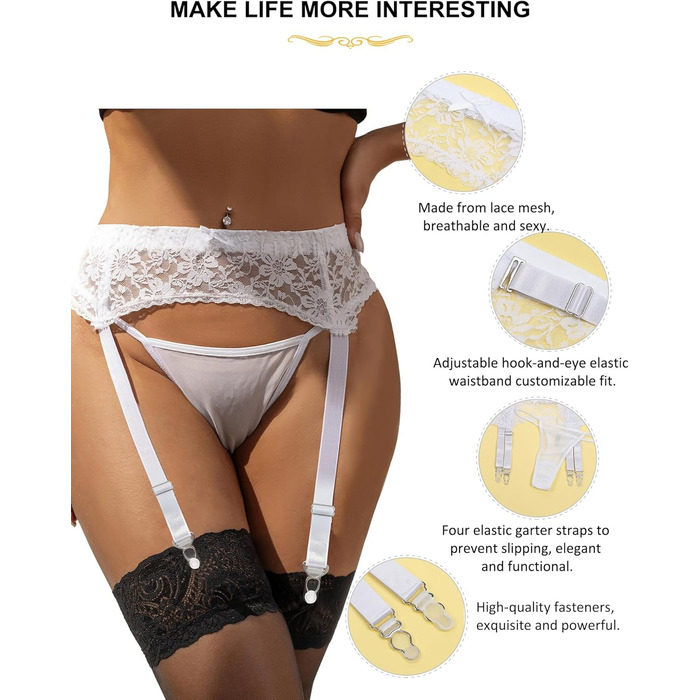 Спідниця-гольф для жінок з мереживом, широка, з 4 кліпсами, сексуальна, великі розміри, прозора білизна, жіночий набір, регульована спідниця-гольф з танго, гальтерний пояс, підтяжки (XL-XXL, 2 шт. - білий гальтер + шкарпетки)
