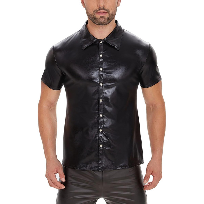 Чоловіча сорочка з лакованої шкіри Xokesy, коротка, чорна, з м'якої шкіри, з ревезом, для клубів, еластична, з кнопками