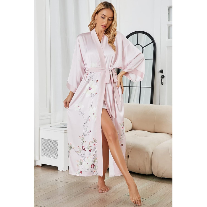 Жіночий шовковий халат-кімоно Moreone з квітковим принтом, довгий, нічна сорочка, атласний халат для нареченої та подружок нареченої (рожевий)