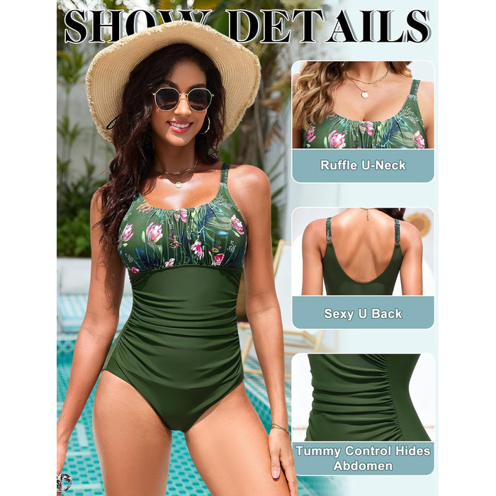 Купальник Vancavoo з пуш-ап та підтримкою живота, одноцільний, відкритий, з рюшами, пляжний, XXL, зелений з принтом