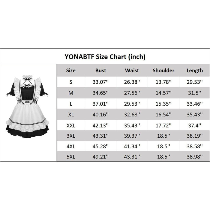Костюм французької служниці YONABTF: сукня, фартух, хвіст, вушка, шкарпетки, комплект, 3XL, чорно-білий