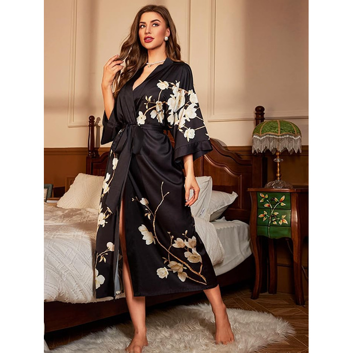 Чоловічий халат з довгим атласним кімоно, квітка, шовковий халат, халат для нареченої, халат для дівчат (універсальний розмір, чорний - магнолія)