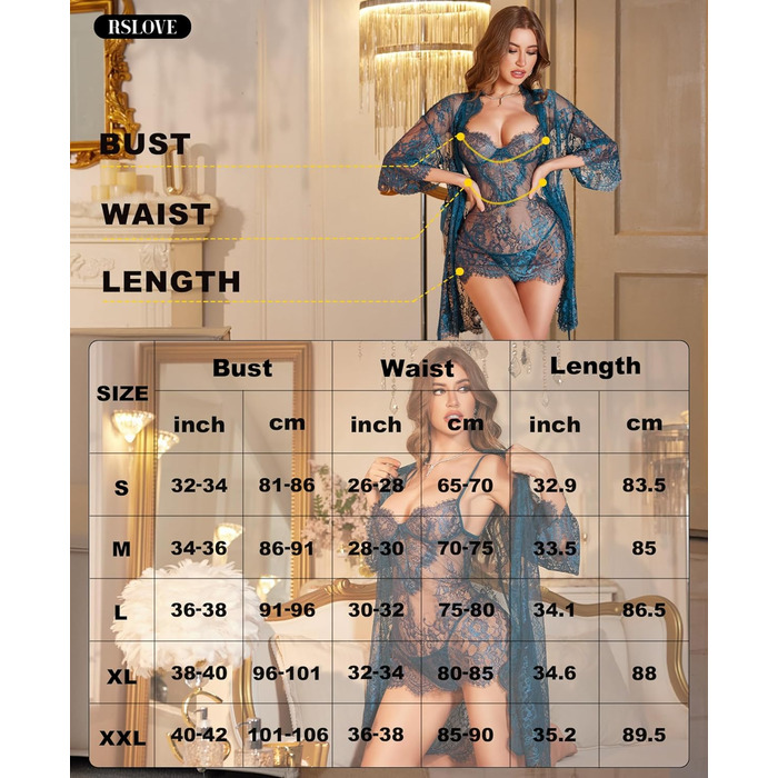 RSLOVE Комплект нижньої білизни з мережива, 3-частини: бюстгальтер, труси T-подібного крою, нічна сорочка (блакитний)