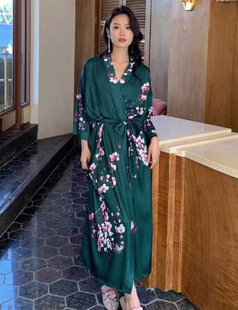 Жіночий халат з довгим рукавом з шовку та атласу з квітковим принтом (сливові квіти, темно-зелений)