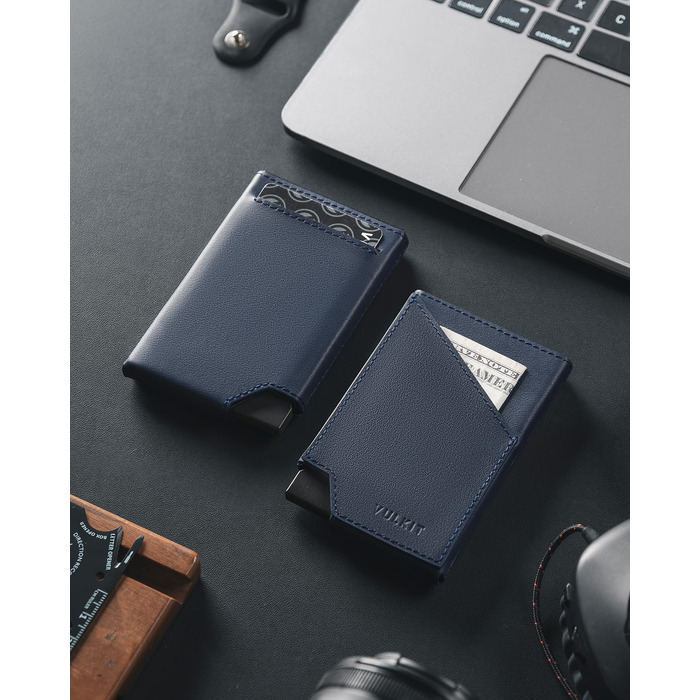 Чоловічий гаманець-картхолдер VULKIT Pop-up з RFID-захистом, металевий слімак з натуральної шкіри корови для кредитних карток, купюр та монет, темно-синій