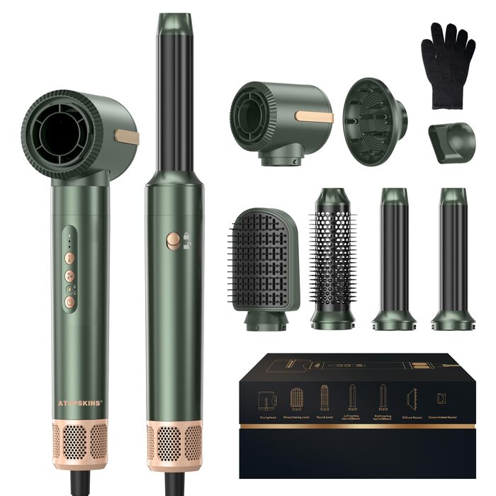 Мультифункціональний стайлер для волосся 7 в 1 Atopskins Airstyler Pro: фен з дифузором, круглі щітки, випрямляч та плойка для локонів Beach Waves, зелено-золотий