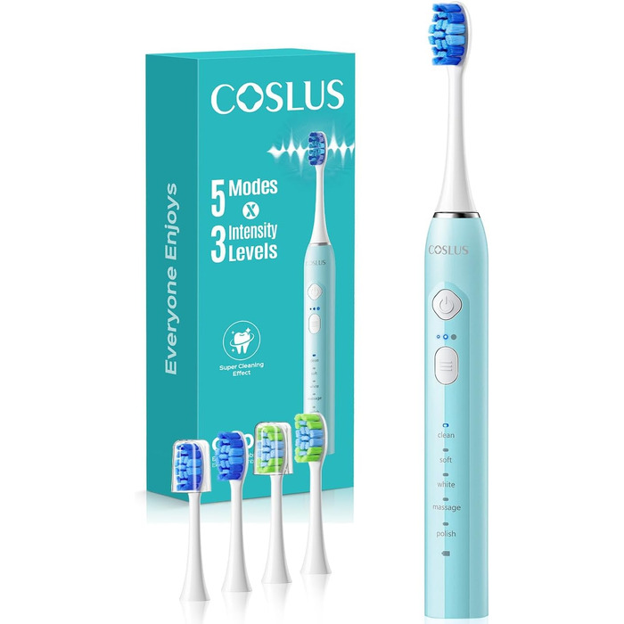 Професійна електрична сонічна зубна щітка COSLUS C30, 5 режимів та 3 рівні інтенсивності, водонепроникна IPX7, акумулятор на 30 днів, 2 типи насадок (U+W), Зелена