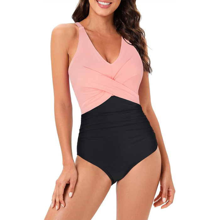 Спортивний купальник для жінок, суцільний, з Push-Up, для корекції живота, рожево-чорний (44)