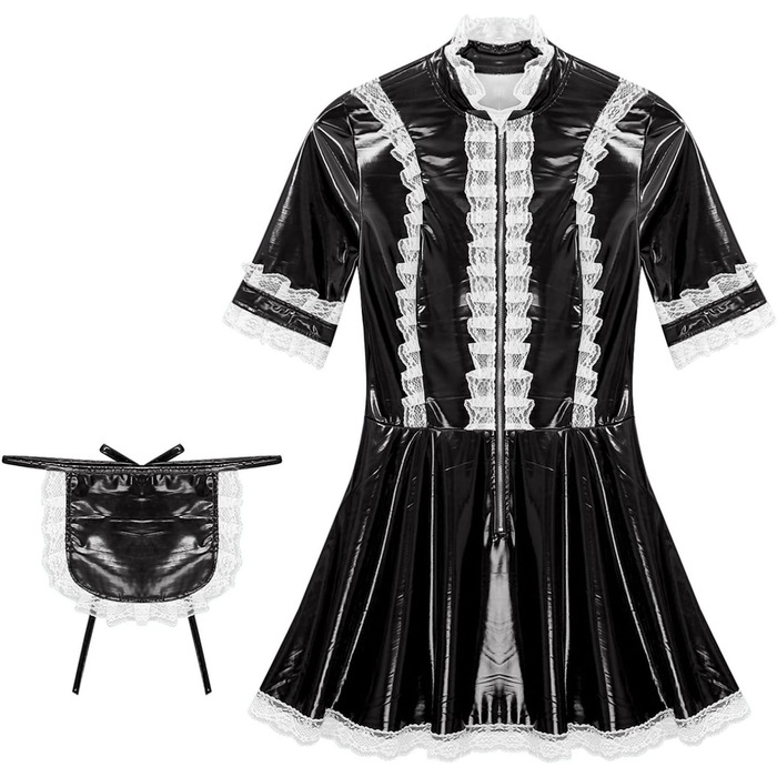 Костюм покоївки Agoky для жінок: лаковане шкіряне міні-плаття з мереживним фартухом, еротична білизна, клубний одяг, чорний, XXL