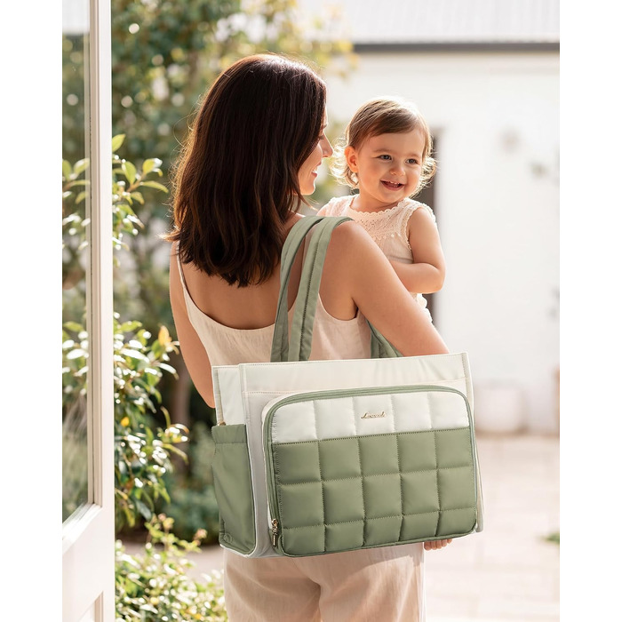 Жіноча сумка-шопер LOVEVOOK велика, легка стібана сумка Tote Bag з відділенням для ноутбука 15.6 дюймів, офісна сумка для роботи, навчання та школи (Бежево-зелена)
