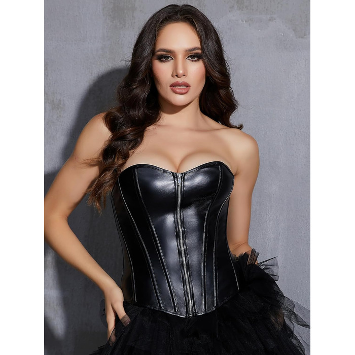 Корсетний топ SLIMBELLE для повних грудей: готичний корсет з мереживом та екошкіри, з тангa, чорний (S)