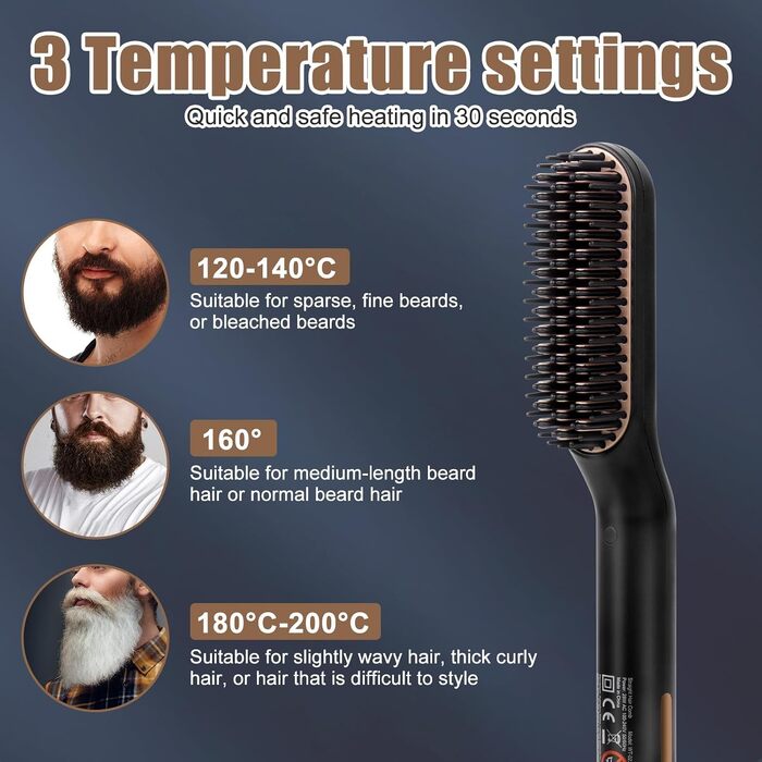 Електричний вирівнювач для бороди 3 в 1, міні-праска та щітка для волосся з 3 рівнями температури (120-200°C), швидкий нагрів за 30с, для дому та салону