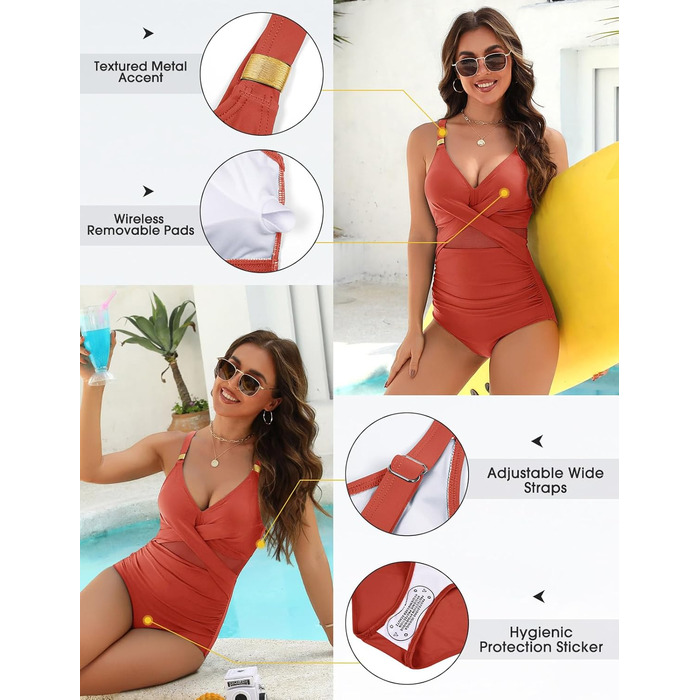 Купальник жіночий Badeanzug з формирующим ефектом, витончений крій, V-подібний виріз, сексуальна сітка, чашки (Оранжево-червоний, XXL)