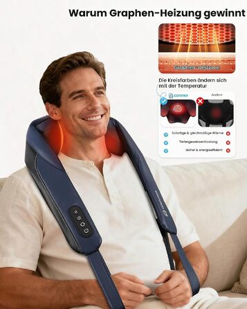 Масажер для шиї та плечей COMFIER 2026 з 4D Shiatsu, бездротовий глибокий масажер з графенним підігрівом для спини, темно-синій