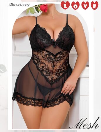 Чорна нічна сорочка Babydoll з мереживом Alrovetoney для жінок plus size (XXL)