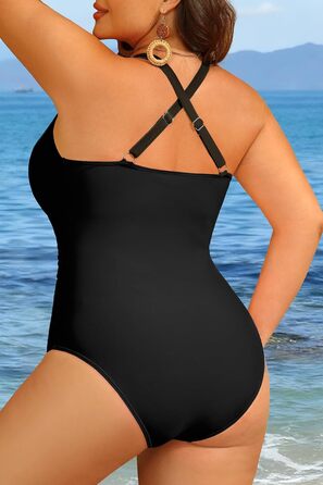 Купальник суцільний жіночий Yonique Plus Size, корейка з шнурівкою, V-подібний виріз, слімінг ефект, чорний