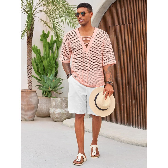 Чоловіча пляжна сорочка Runcati з шнурівкою, V-подібний виріз, в'язана, мереживна, прозора, літня сорочка (Рожева, L)