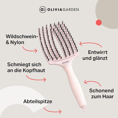 Щітка для волосся Olivia Garden Fingerbrush Care Iconic з щетиною кабана та нейлоном для гладкого стайлінгу та блиску, Large, Pastel Pink