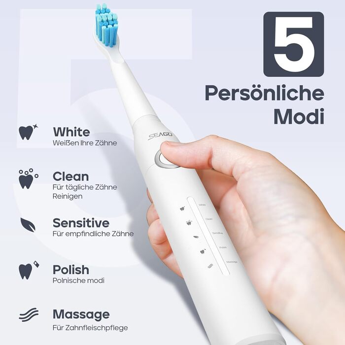 Електрична сонічна зубна щітка Seago SG-958, 40000 VPM, 5 режимів роботи, USB-зарядка, біла (8 насадок у комплекті)