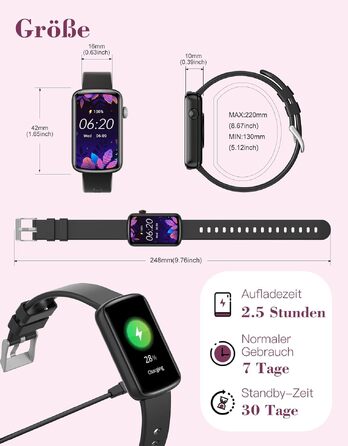 Смарт-годинник для жінок 1.47'' Fitness Tracker: моніторинг пульсу, SpO2, сну, крокомір, відстеження менструального циклу, сповіщення дзвінків та WhatsApp, сумісний з Android та iOS, чорний