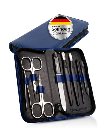 Професійний набір для манікюру Solingen зі шкіри (8 предметів), синій — сертифікована шкіра LWG