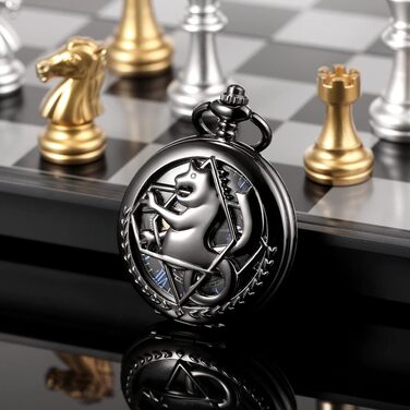 Механічний кишеньковий годинник TREEWETO Fullmetal Alchemist Steampunk Skeleton з подвійним кришкою та ланцюжком, чорний