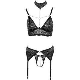 Чорний комплект спідньої білизни Orion: бюстгальтер, стрінги та стріптіз з мереживом та стріп-тримачем, розмір XL