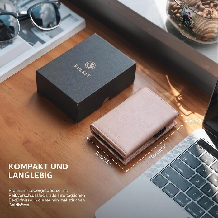 Шкіряний картхолдер VULKIT з RFID-захистом, Pop-Up гаманець з відділенням для купюр, монетницею та вікном для ID (Рожевий)