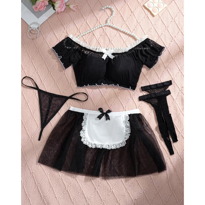 Сексуальна білизна Aranmei для жінок: мереживний комплект, прозорий, для косплею, 4 предмети (з панчохами), чорний, XXL