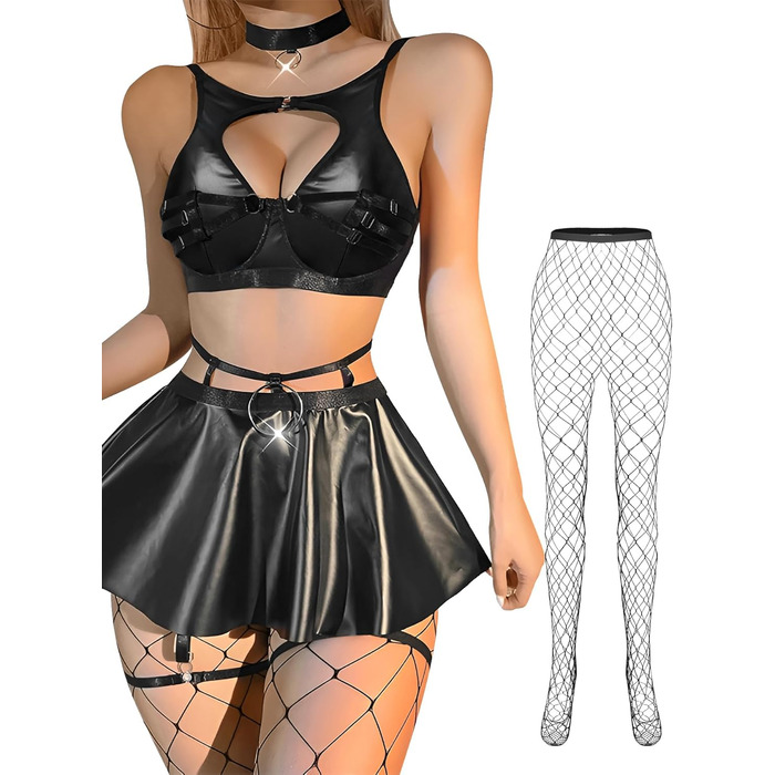 Комплект сексуальної білизни: колготки, чокер, галстуг, корсет з кісточками, спідниця. Шкіра, чорний колір.