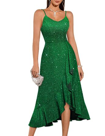 Сукня коктейльна DRESSTELLS для вечірки, весілля, святкування. Зелена сукня на тонких бретелях, довжина до колін, з блискітками, розмір M