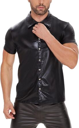 Чоловіча сорочка з лакованої шкіри Xokesy, коротка, чорна, з м'якої шкіри, з ревезом, для клубів, еластична, з кнопками