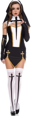 Костюм черниці: сексуальний набір для дорослих + капюшон, рукавички, панчохи, чорний, XXL