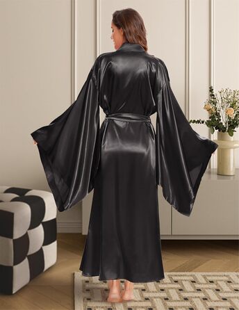 Жіночий халат кімоно з довгим рукавом з шовку, атласний халат для вечірки, весілля, нічної сорочки, домашнього одягу, великі розміри, чорний, L