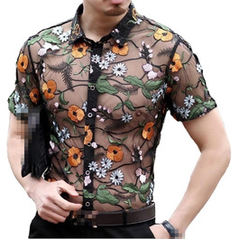 Чоловіча сорочка Deepsko з мереживом та квітковим візерунком, прозора сітка, жовта, розмір EU S-M