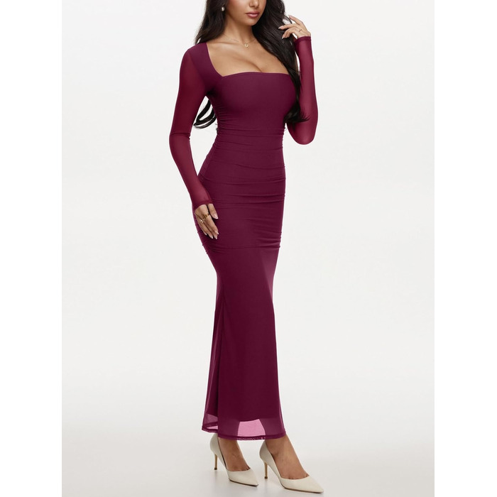 REORIA Макі сукня для жінок з довгими рукавами для гостей на весілля. Прозора сітчаста тканина, квадратний виріз, обтягуючий силует. (Кордован, XS)