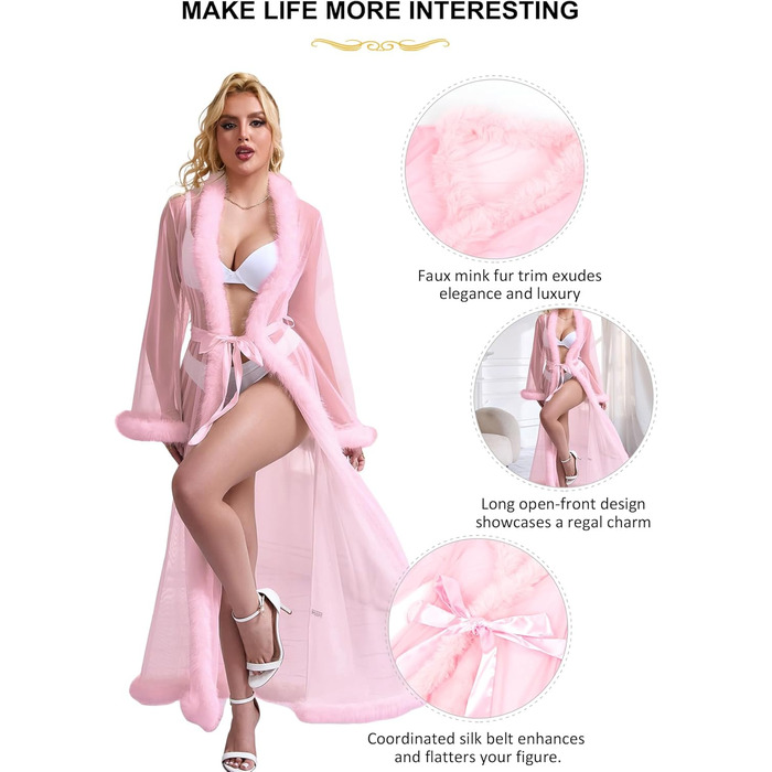 Жіночий халат з пір'ям Ohyeahlady: сексуальний кімоно, довгий, прозорий, мереживний, великі розміри 3XL-4XL, рожевий