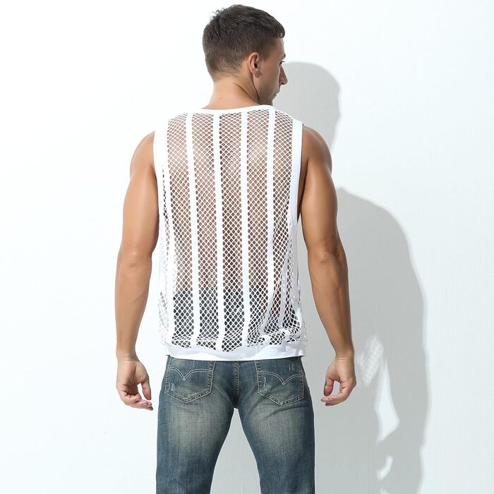 Чоловіча майка Evankin з мереживом у смужку, прозора, без рукавів, майка-топ, прозора, білий/Opulenter Garten (L)