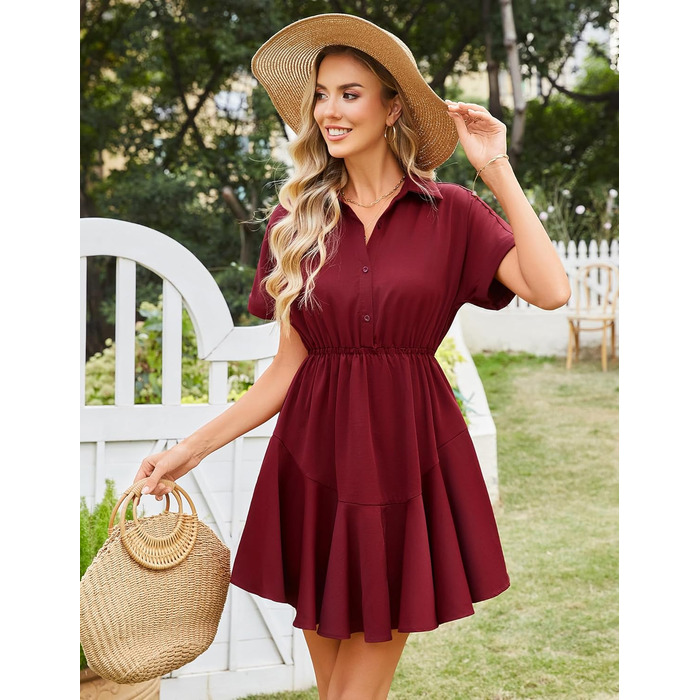 Сукня Beluring Bluenkleid жіноча літня коротка з V-подібним вирізом, червона (S) з кишенями та ґудзиками