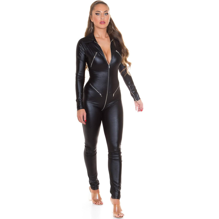 Комбінезон Koucla з ефектом мокрого блиску, довгий, на блискавку, XL, чорний