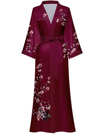 Жіночий халат з довгим рукавом з шовку, сатин, кімоно, квітковий принт, універсальний розмір (квіт павловнія, винний)