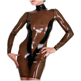 Латексний комбінезон з довгим рукавом, чорний, з чорною обшивкою, міні спідниця, високий комір, блискавка ззаду, XXL