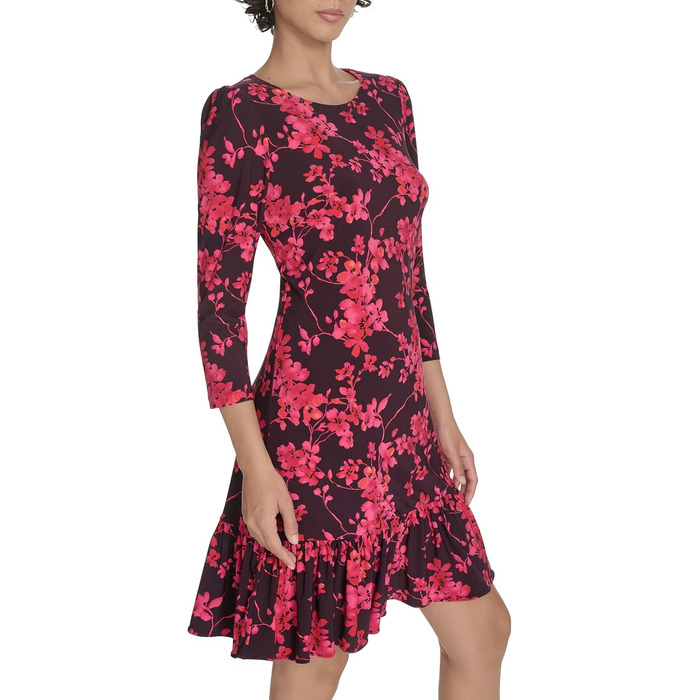 Сукня Tommy Hilfiger Autumn Blossom приталена 3/4 рукав, баклажан/багатобарвна