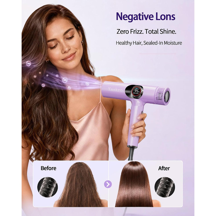 Професійний іонний фен для волосся з дифузором, безщітковим двигуном, LED-дисплеєм та функцією самоочищення, NTC-контроль температури