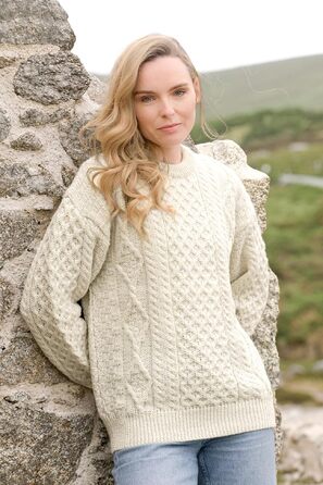 Свитер Aran Craft Iricher з круглим вирізом, 100% чиста шерсть, чорний (XXL, Ecru)