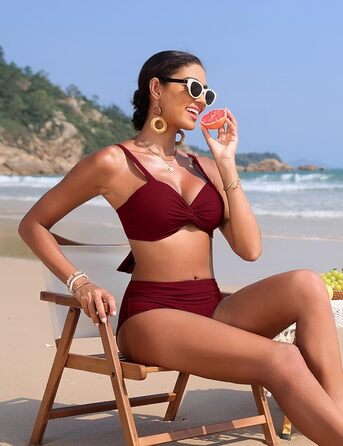 БІКІНІ ЖІНОЧИЙ ДВОШТУЧНИЙ З ВИСОКОЮ ТАЛІЄЮ, ПУШ-АП, З V-ПОДІБНИМ ВИГІНОМ, БУРГУНДІ, M