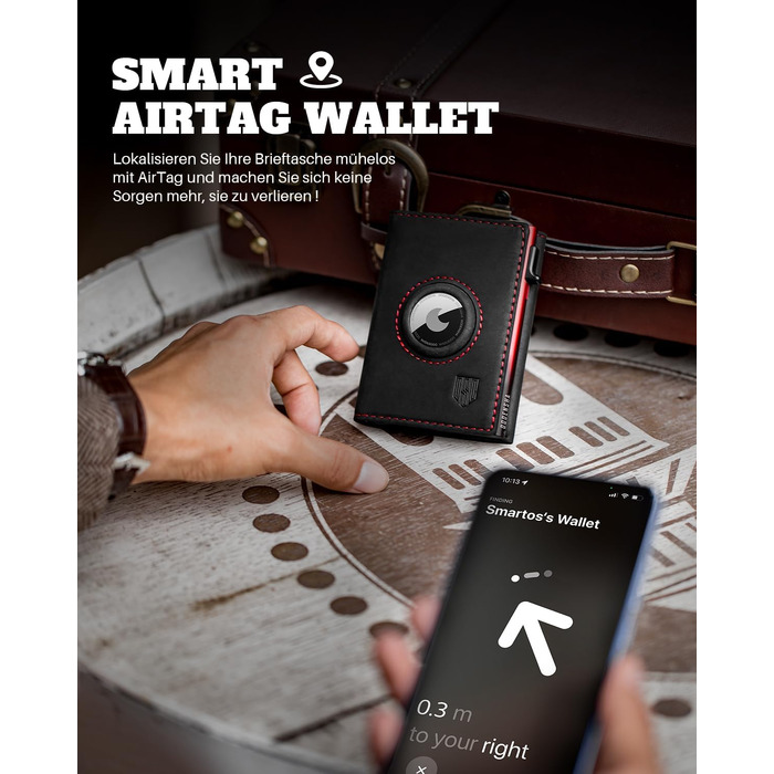 Чоловічий смарт-гаманець DODENSHA MagSnap з RFID-захистом, відділенням для AirTag, монетницею та містком для 10+ карток (Чорний/Червоний)