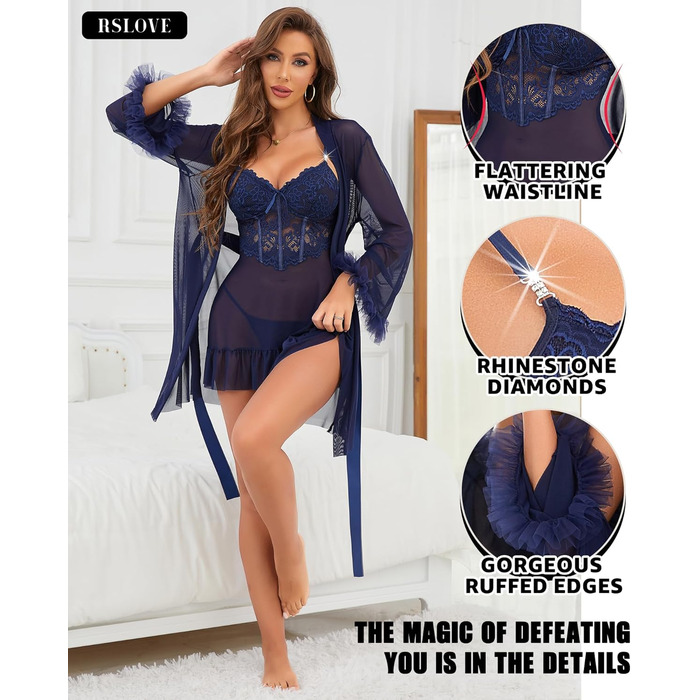 RSLOVE Комплект сексуальної білизни з мережива для жінок - нічна сорочка-бабідол, комплект з 2 частин, нігтя, (L, темно-синій)
